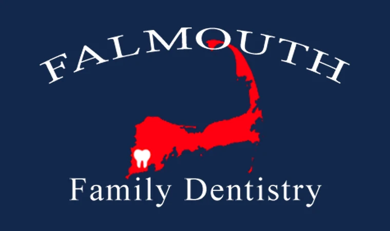 Falmouth Family Dentistry logo: a red map of Cape Cod with a tooth marking Falmouth